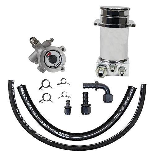 Pro Touring Power Steering Pump and Hydroboost Remote Reservoir Kit for Steering Gearbox Applications (Brushed Aluminum)