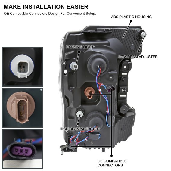 PROJECTOR HEADLIGHTS WITH LED BAR WHITE HOUSING AND CLEAR LENS AMBER REFLECTOR - SWITCHBACK TURN SIGNAL