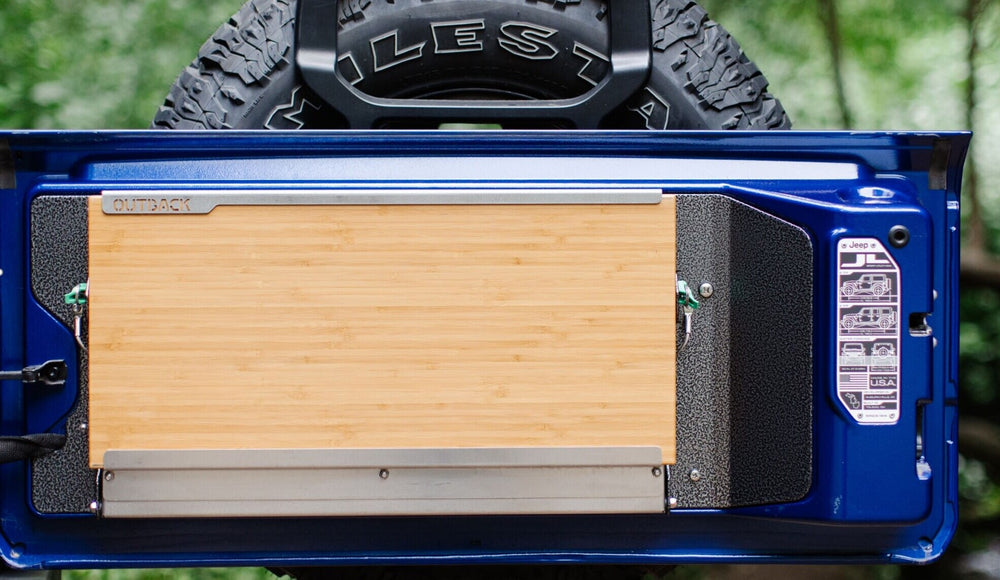 Trailgater for Jeep JL Wrangler: 2018-2021 Bamboo cutting board Hammertone gray powder coat backsplash