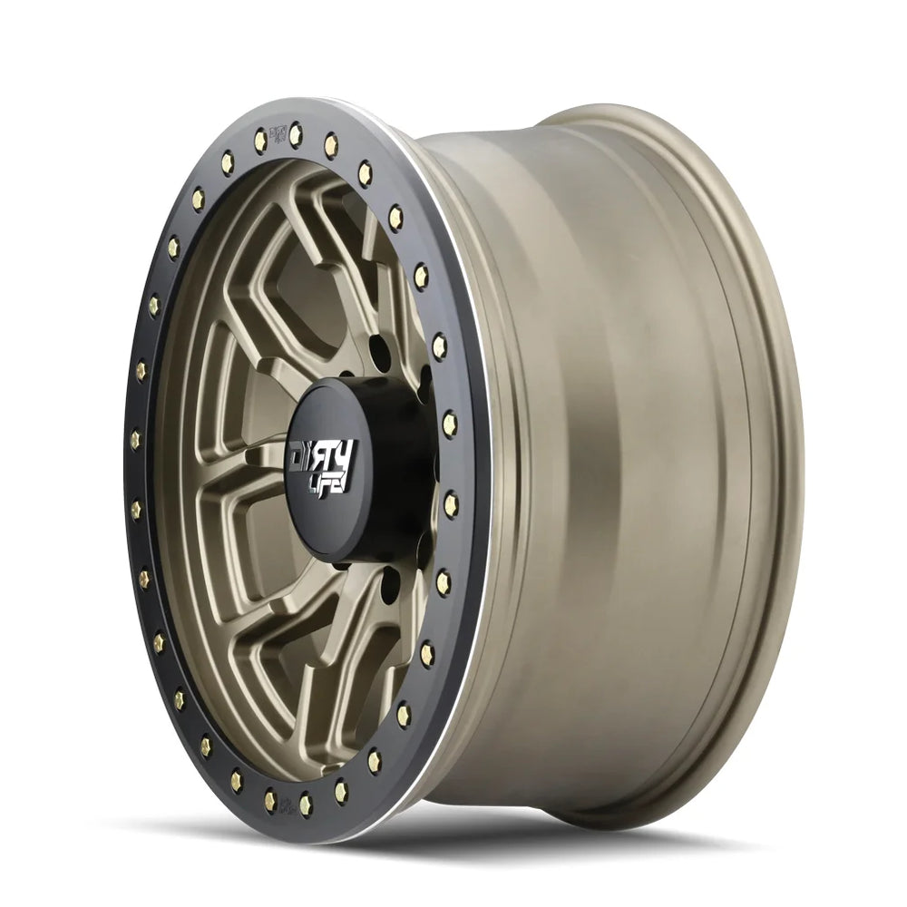~(42 lbs. 19X19X10)~ DT-1 (9303) SATIN GOLD W/SIMULATED BEADLOCK RING 17X9 8-165.1 -12mm 130.8mm