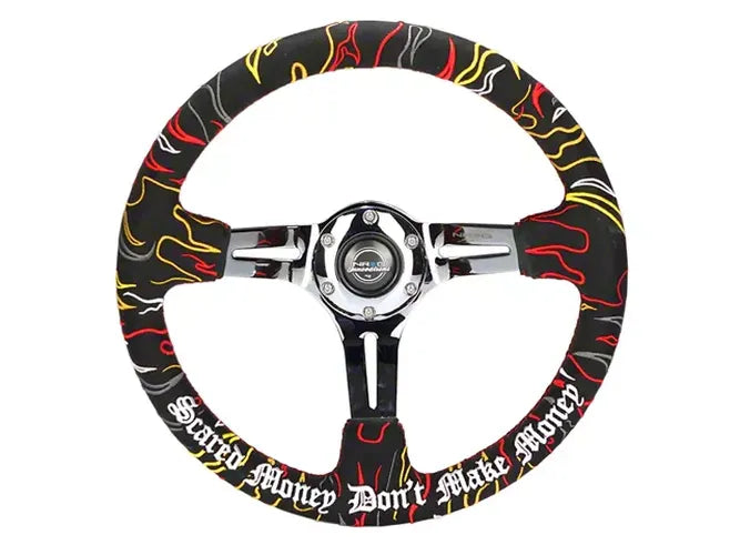 NRG Reinforced Steering Wheel R Litteral Sig 3in Deep/5mm Chrm Spk - Blk Alc w/ Red Stitch