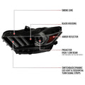 PROJECTOR HEADLIGHTS OE STYLE BLACK HOUSING AND SMOKED LENS AMBER REFLECTOR WITH SWITCHBACK LED SEQUENTIAL TURN SIGNAL BREATHING LIGHT EFFECT - USES STOCK D2S HID BULBS