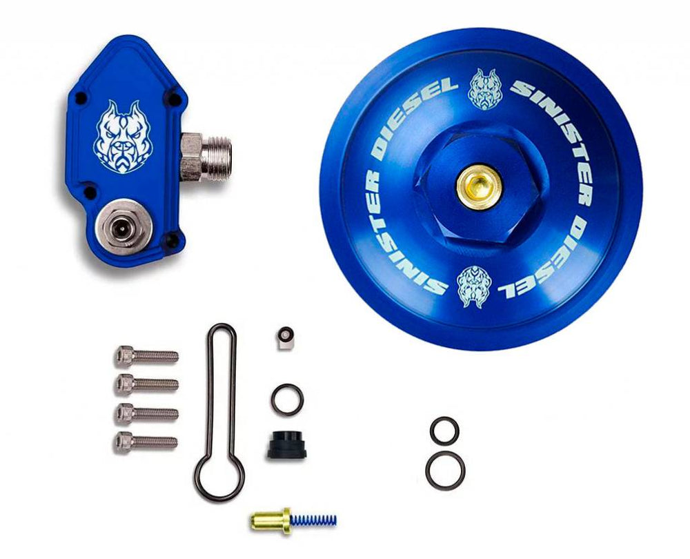 Sinister Diesel Blue Spring Kit with Adjustable Billet Spring Housing and Fuel Filter Cap for 2003-2007 Ford Powerstroke 6.0L