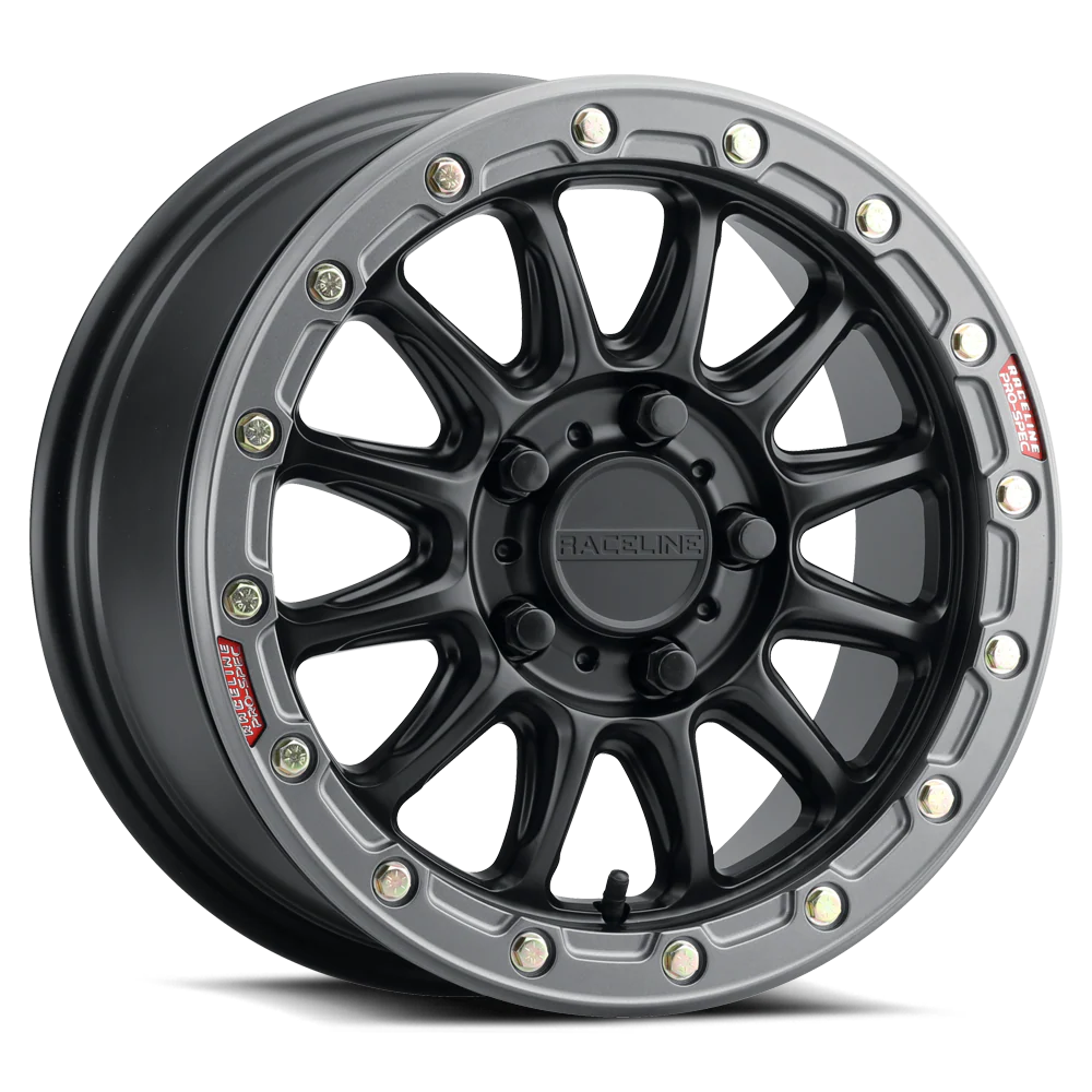 Raceline A14BG Alpha 15x7in/4x156 BP/10mm Offset/132.5mm Bore - Black & Gunmetal Ring Beadlock Wheel