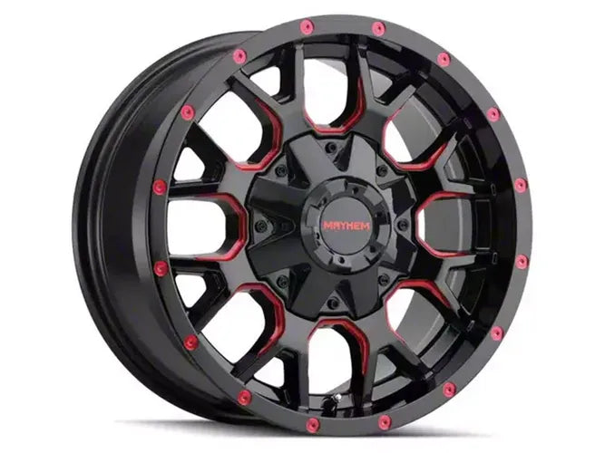 ~(42 lbs. 22X22X10)~ WARRIOR (8015) BLACK W/PRISM RED 20X9 6-135/6-139.7 18mm 106mm