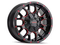 ~(42 lbs. 22X22X10)~ WARRIOR (8015) BLACK W/PRISM RED 20X9 6-135/6-139.7 18mm 106mm