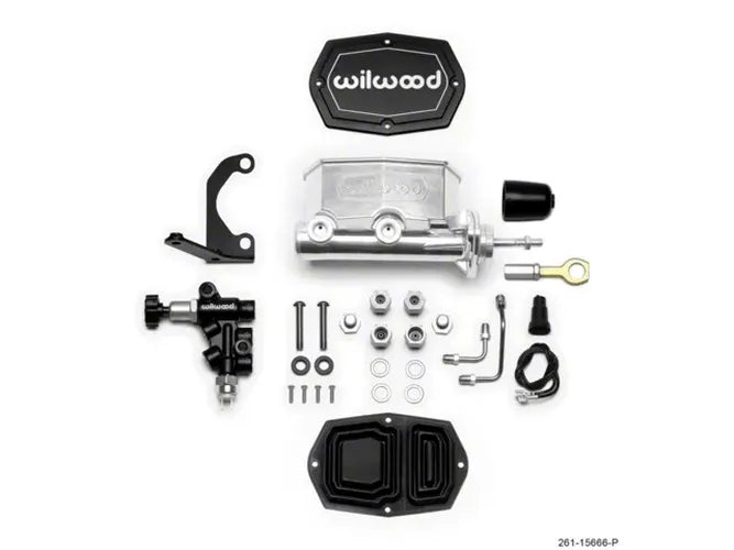 Wilwood Compact Tandem M/C - 1.12in Bore w/RH Bracket and Valve (Mustang Pushrod) - Ball Burnished