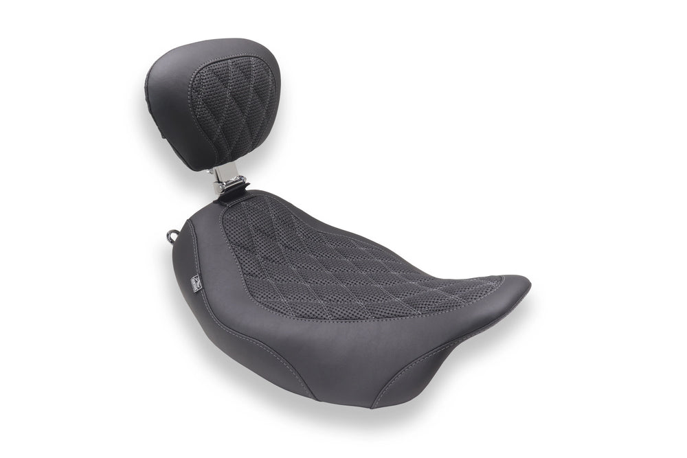 Mustang 08-21 Harley Wide Tripper FL Touring Pass Seat w/ Dr Backrest, Grey Diamond Stitch - Black