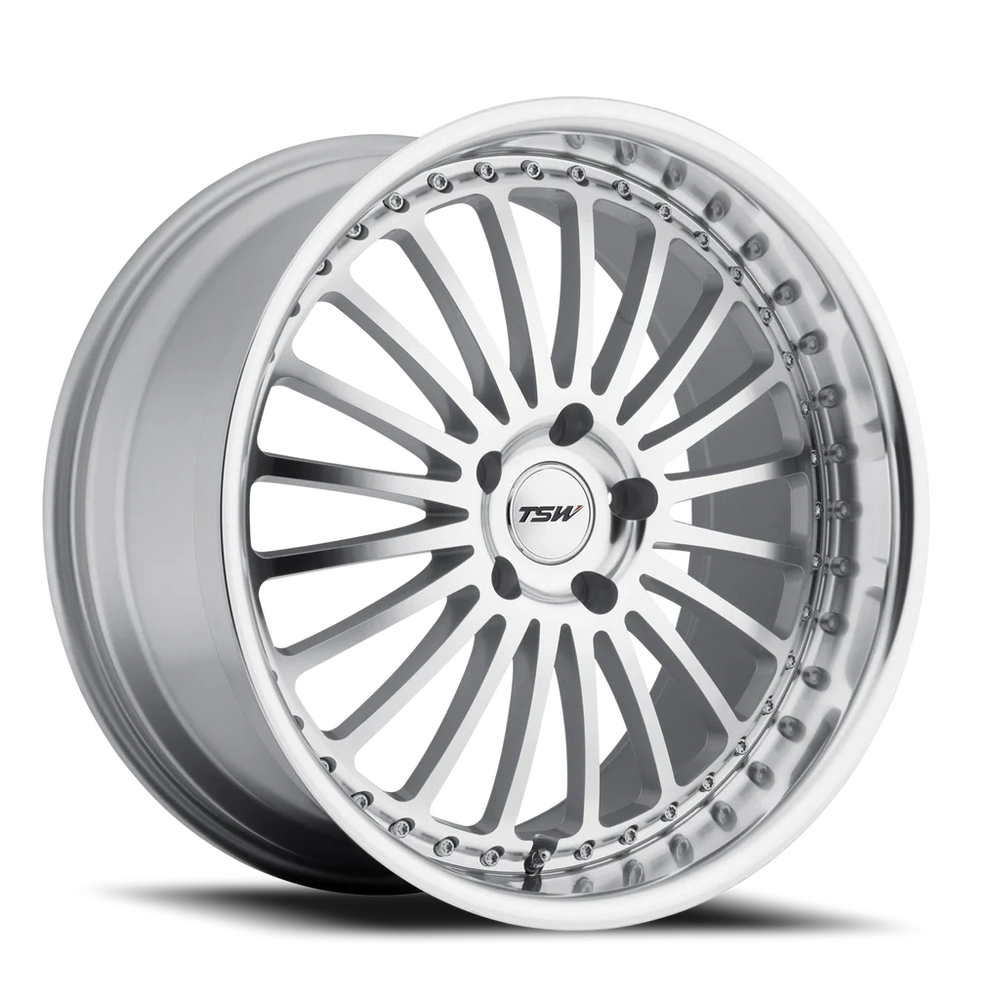 ~(28 lbs. 19X19X10)~ TSW SILVERSTONE 17x8.0 5/108 ET40 CB72.1 SILVER W/MIRROR CUT FACE AND LIP