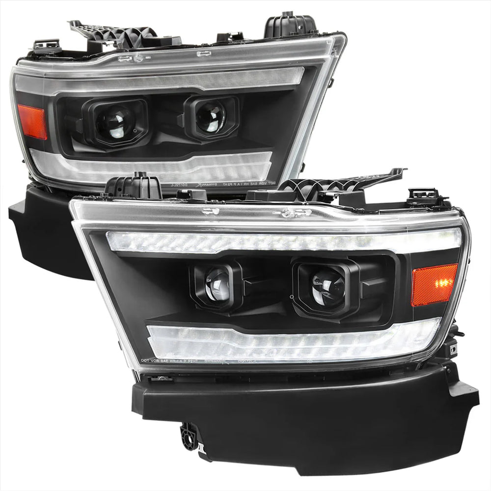 1500 PROJECTOR HEADLIGHTS MATTE BLACK HOUSING AND SMOKED LENS AMBER REFLECTOR WITH SWITCHBACK LED SEQUENTIAL TURN SIGNAL BREATHING LIGHT EFFECT