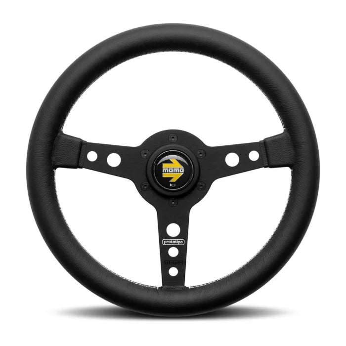 Momo Prototipo Steering Wheel 320 mm - Black Leather/White Stitch/Brushed Black Spokes