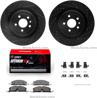R1 Concepts Black Drilled Slotted Rotors with 5000 Oep Brake Pads Hdw Fits Ford Police