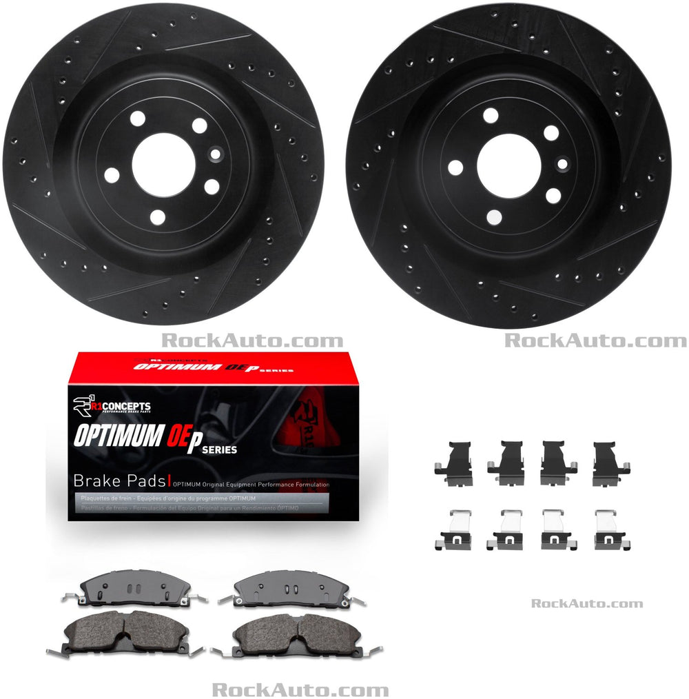 R1 Concepts Black Drilled Slotted Rotors with 5000 Oep Brake Pads Hdw Fits Ford Police