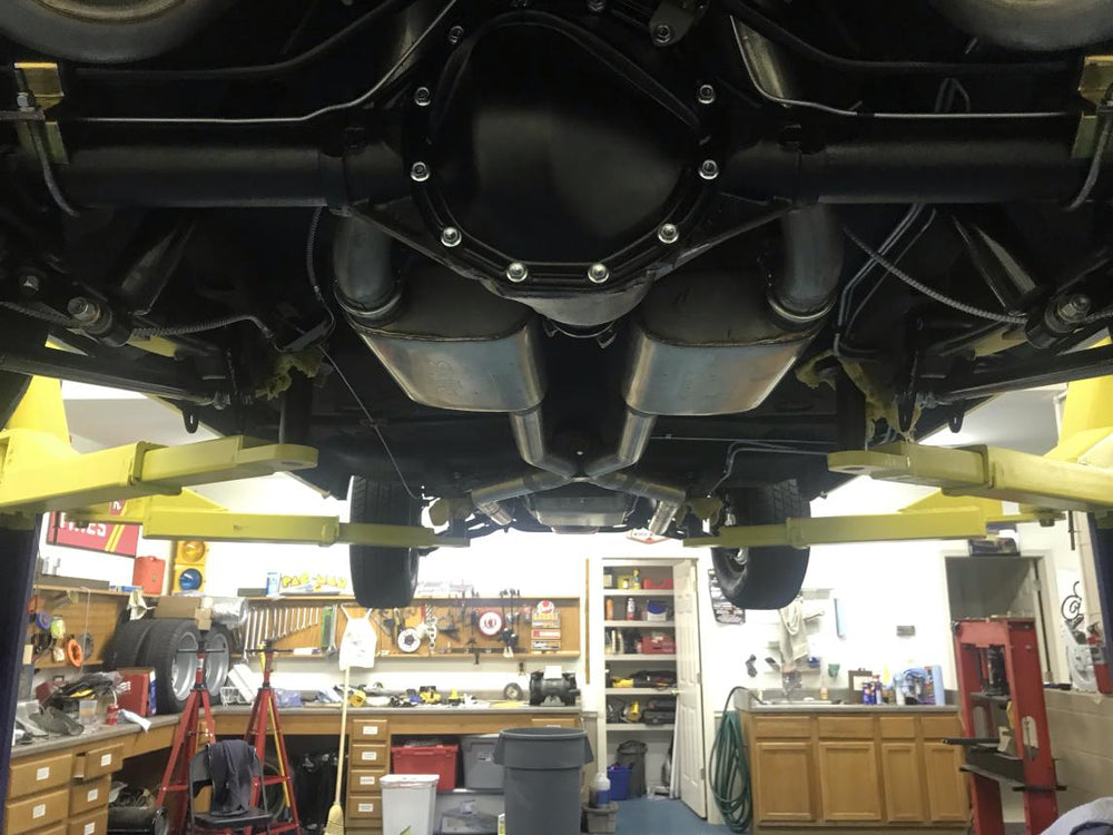 ~(50 lbs. 62X17X13)~ Crossmember Back w/H-Pipe Exhaust System 62-67 Nova Split Rear Dual Exit 2.5 in Intermediate And Tail Pipe Hardware Incl Muffler And Tip Not Incl Pypes Exhaust