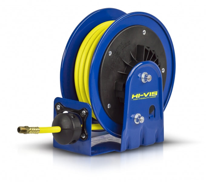 COMP LOW PRESS SPRING REW HOSE REEL: 3/8IN ID 20FT CAPACITY W/HIGH VIS SAFETY HYBRID HOSE 300 PSI