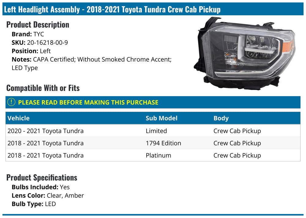CAPA 1820 TY TNDRA W/O SMOKED CHROME LED HEADLAMP ASSY LH