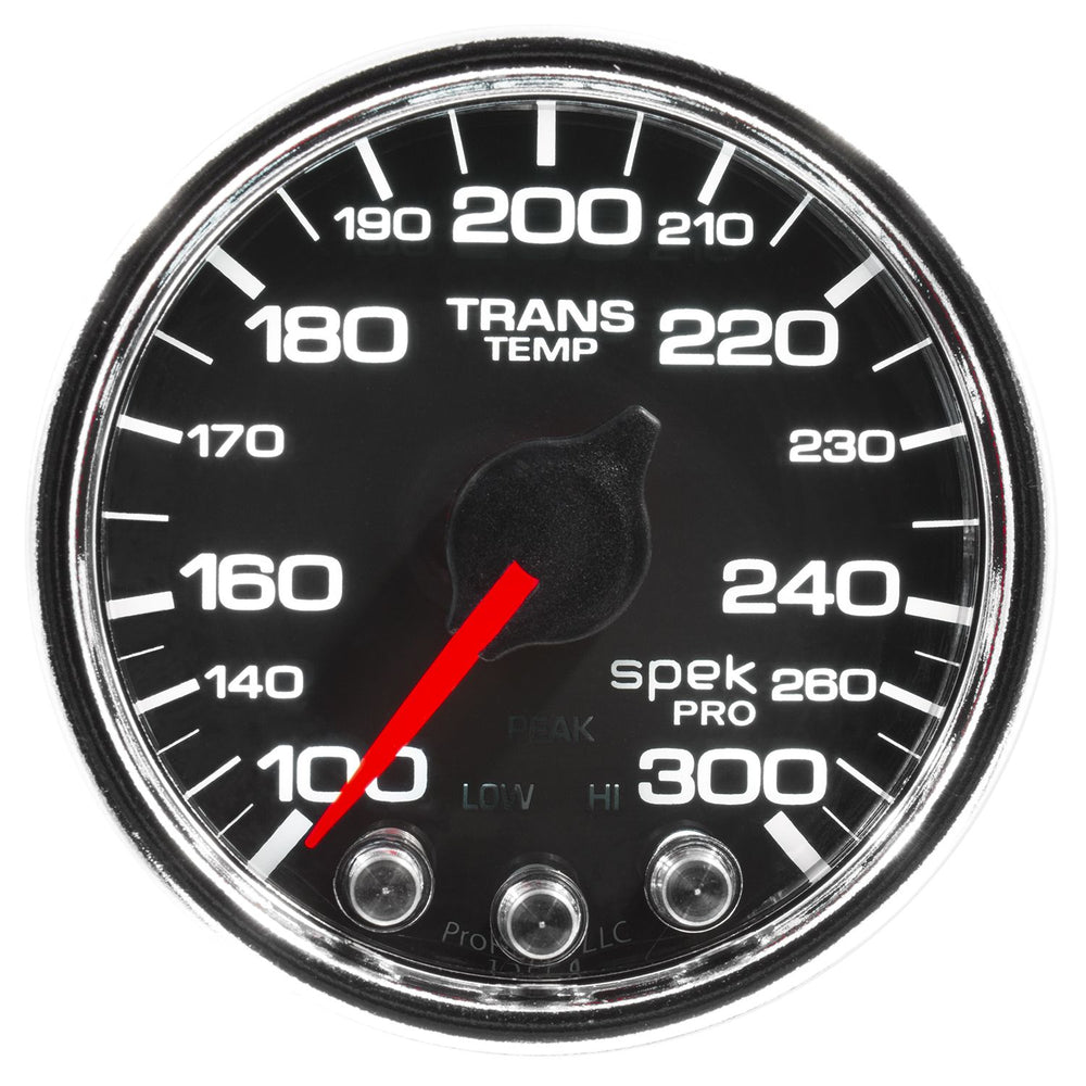 GAUGE TRANS TEMP 2 1/16IN 300DEGREEF STEPPER MOTOR W/PEAK & WARN BLK/CHRM SPEK
