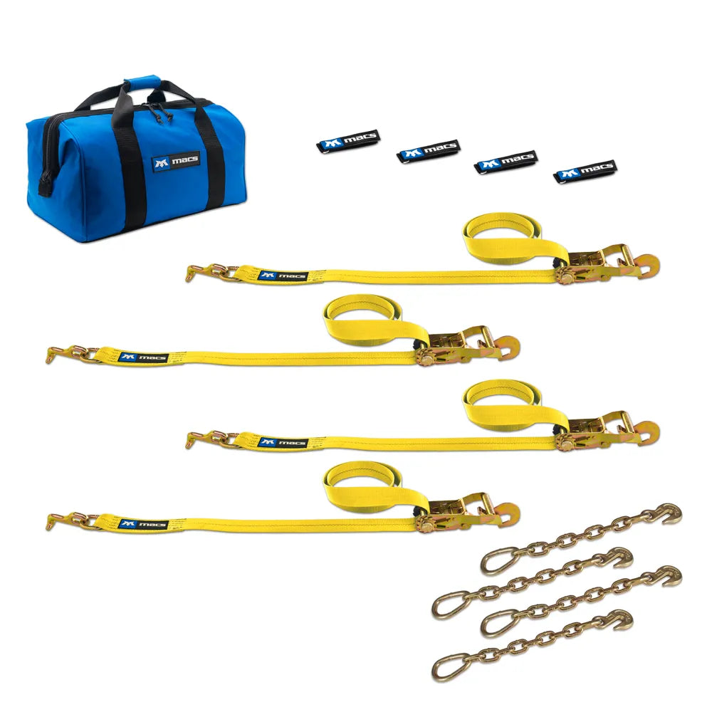 TOW PACK WITH CHAIN EXTENSIONS YELLOW WITH T HOOK AND DIRECT HOOK RATCHET STRAPS
