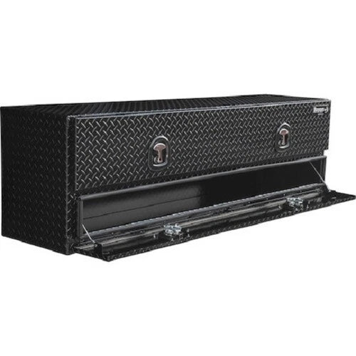 21X18X96 INCH GLOSS BLACK DIAMOND TREAD ALUMINUM HEAVYDUTY FLATBED CONTRACTOR WITH LOWER DOOR
