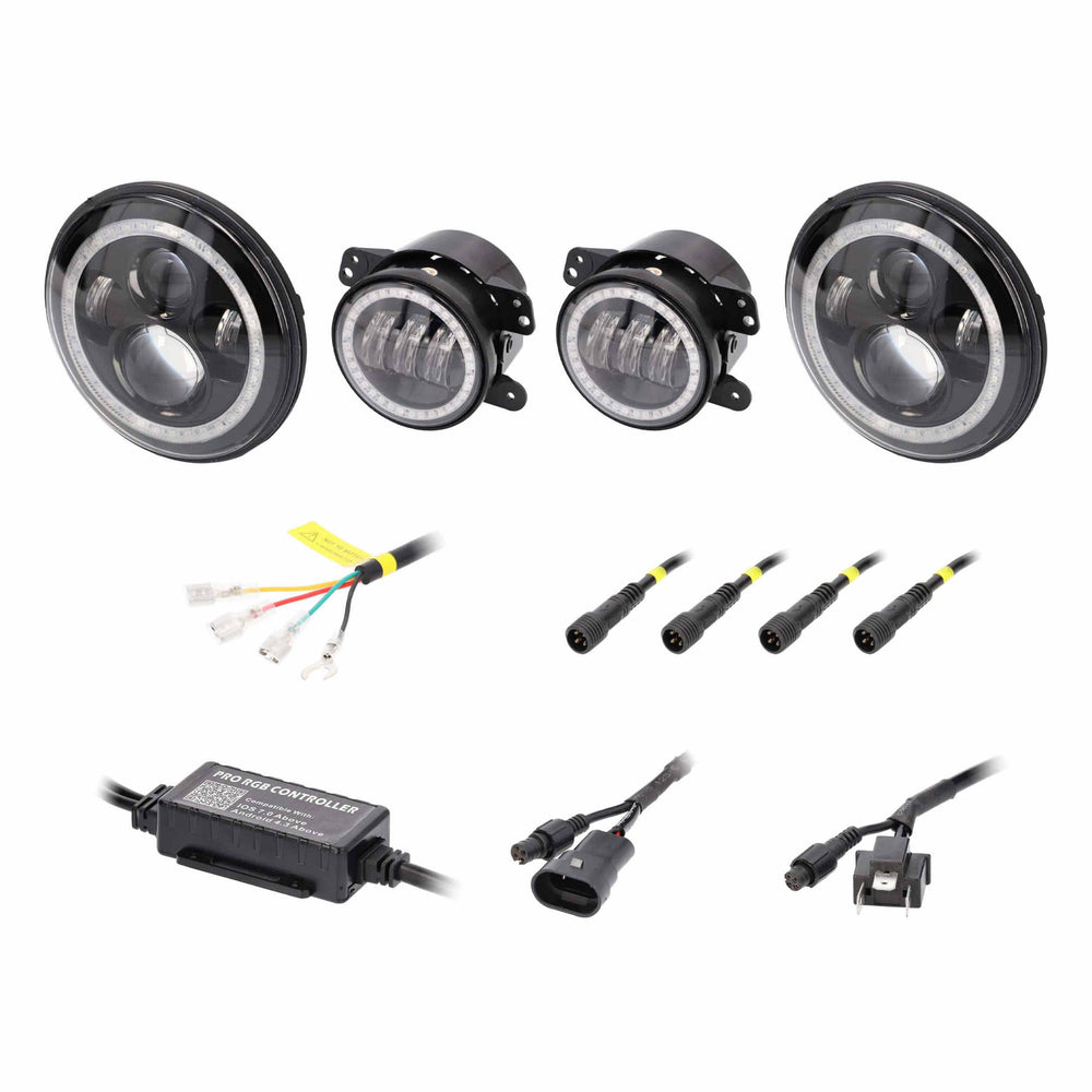 07C JEEP WRANGLER; 20C GLADIATOR UP CHASING HALO LED 7IN HEADLIGHTS & 4IN FOG LIGHTS W/CONTROLLER