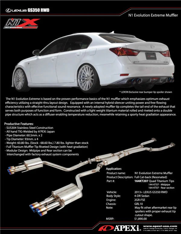 APEXi N1 Evolution-X Exhaust Lexus GS350 AWD 2013-2020 Catback with Titanium Tip