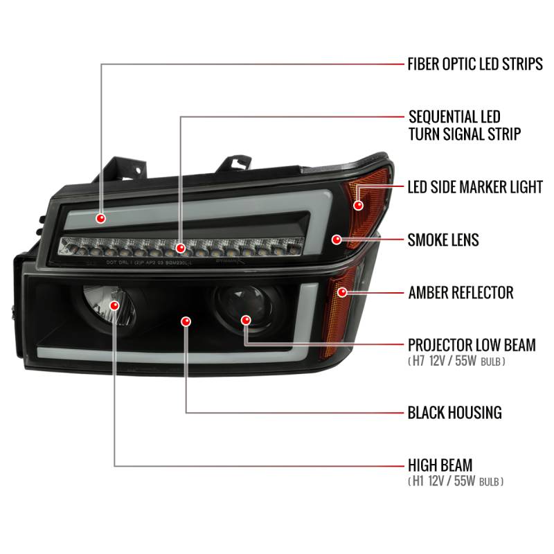 PROJECTOR HEADLIGHTS WITH LED BAR BLACK HOUSING SMOKED LENS SWITCHBACK LED LIGHT BAR LED SEQUENTIAL SIGNAL H1 LOW H7 HIGH INCLUDED