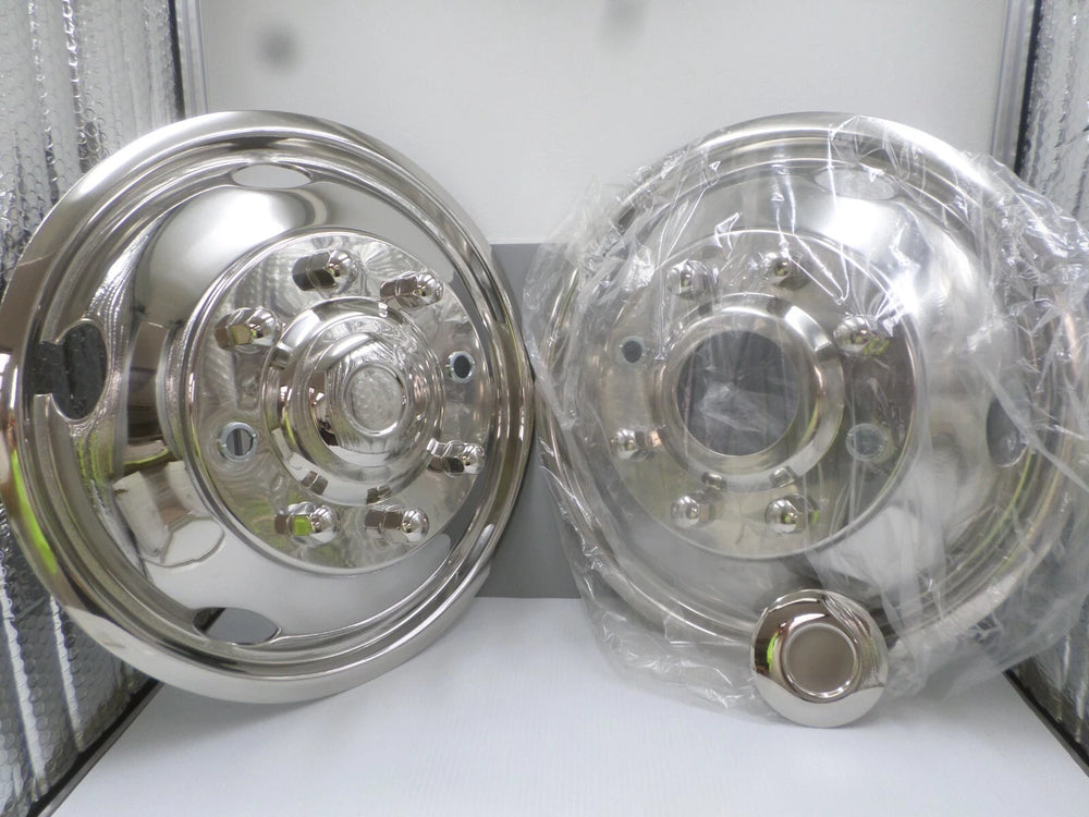 WHEEL SIMULATORS 19.5IN STAINLESS STEEL FORD 8LUG TOP LUG INSTALL 5HOLE DESIGN DUALLY SET