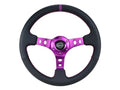 NRG Reinforced Steering Wheel (350mm / 3in. Deep) Black Leather w/Purple Center & Purple Stitching