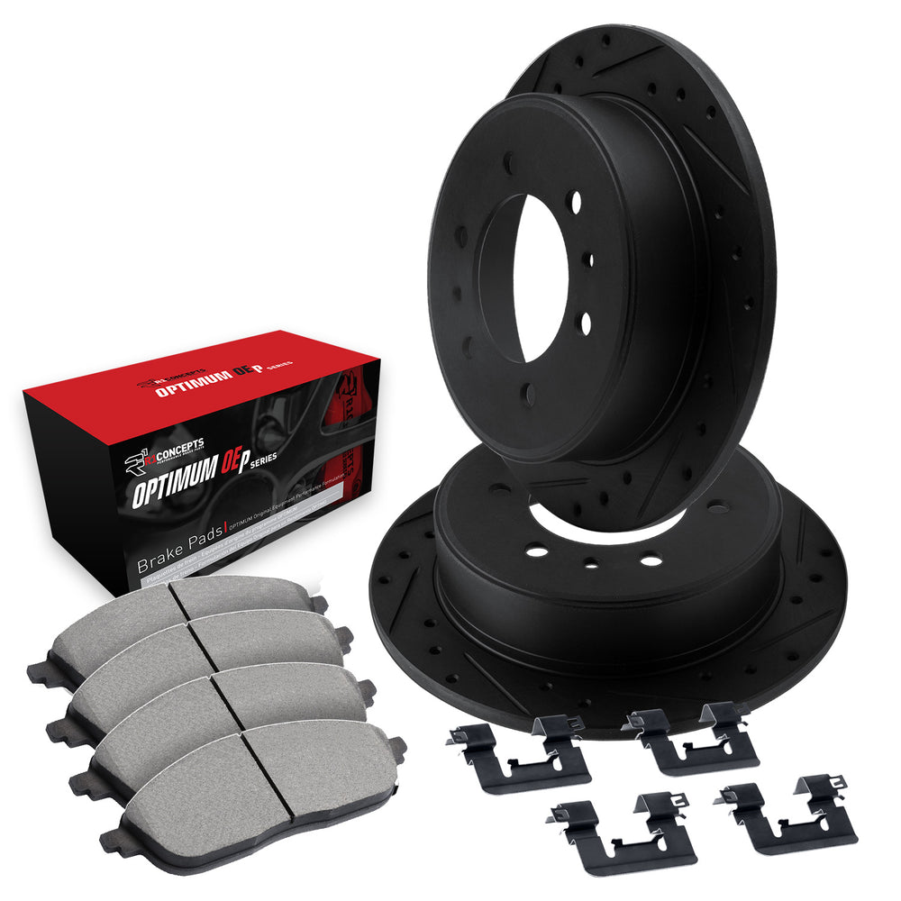 R1 Concepts Black Drilled Slotted Rotors with 5000 Oep Brake Pads Hdw Fits Chevrolet LUV
