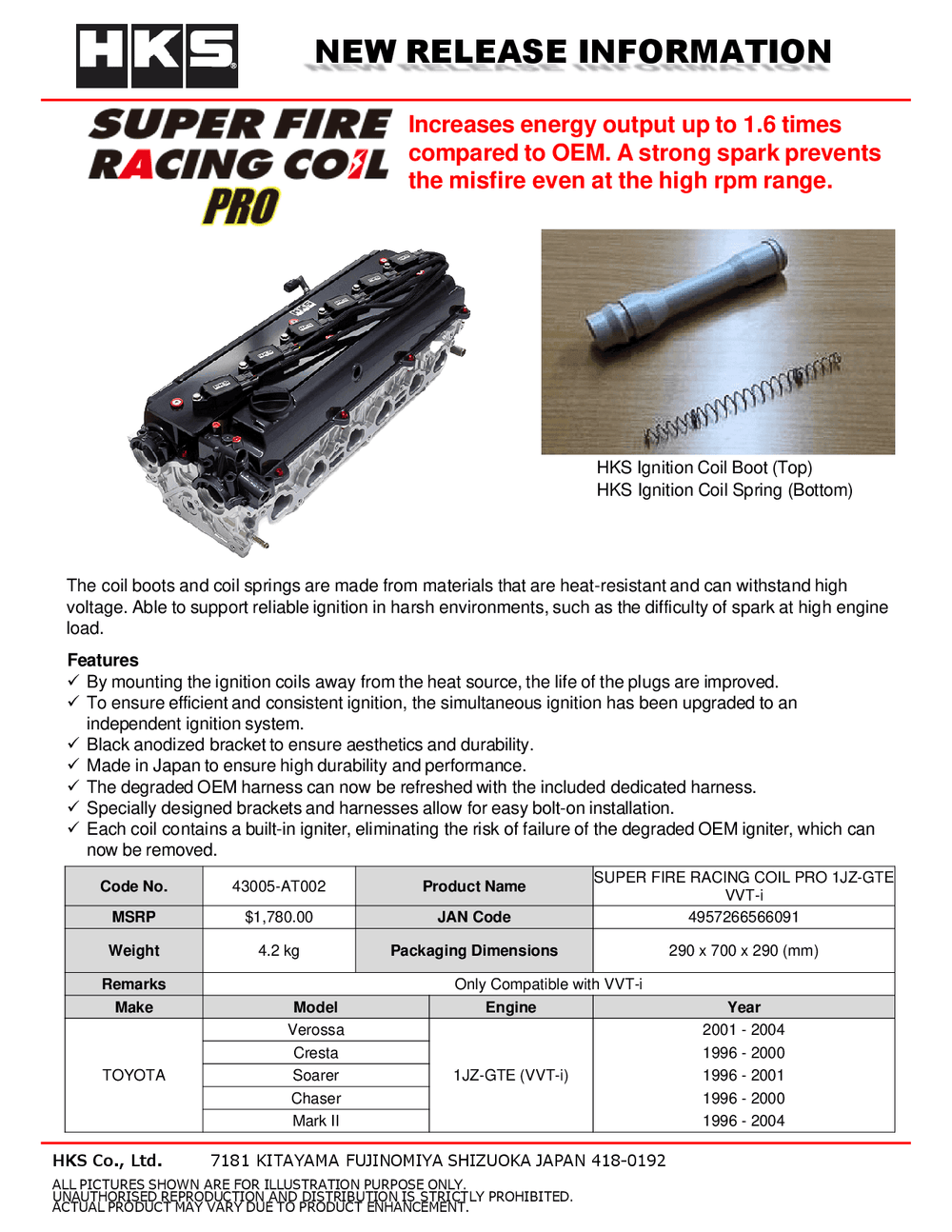 HKS 96-00 Toyota Chaser/Cresta JZX100 Super Fire Racing Coil Pro 1JZ-GTE (Only Compatible w/ VVT-i)