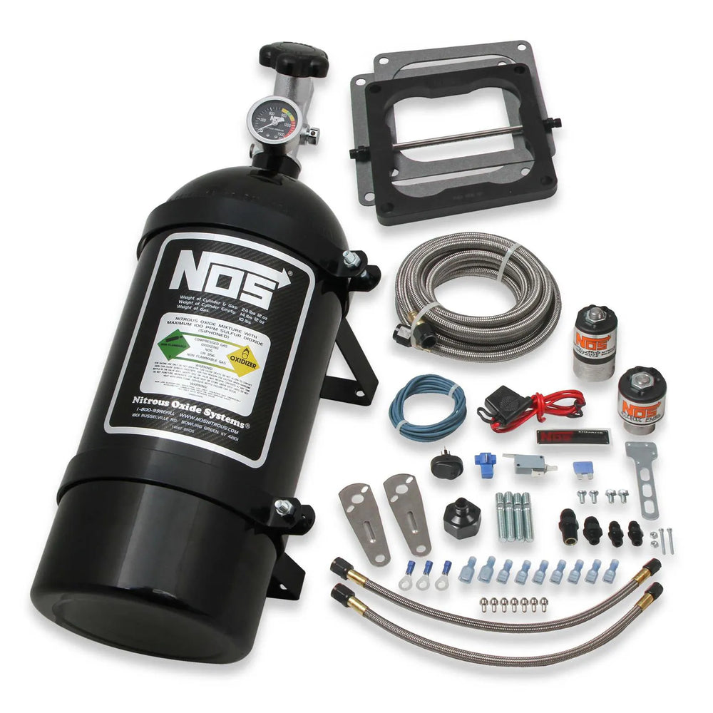 Big Shot Wet Nitrous System For 4150 4-Barrel Carburetor Fits Holley 4150 And Carter Afb (Late) 190-300 Hp Includes Black 10 Lb Bottle NOS