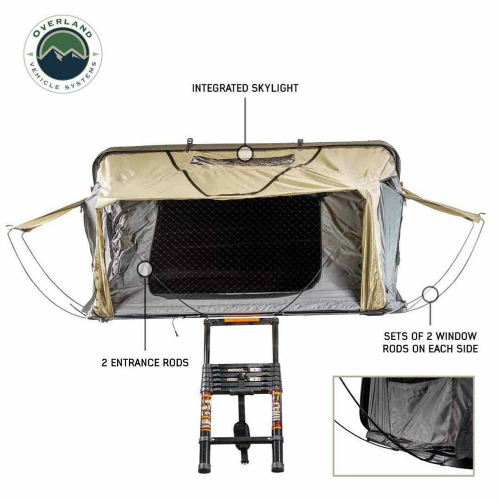 Overland Vehicle Systems HD Bundu 4 - Hard Shell Roof Top Tent 4 Person Grey Body Black Rainfly