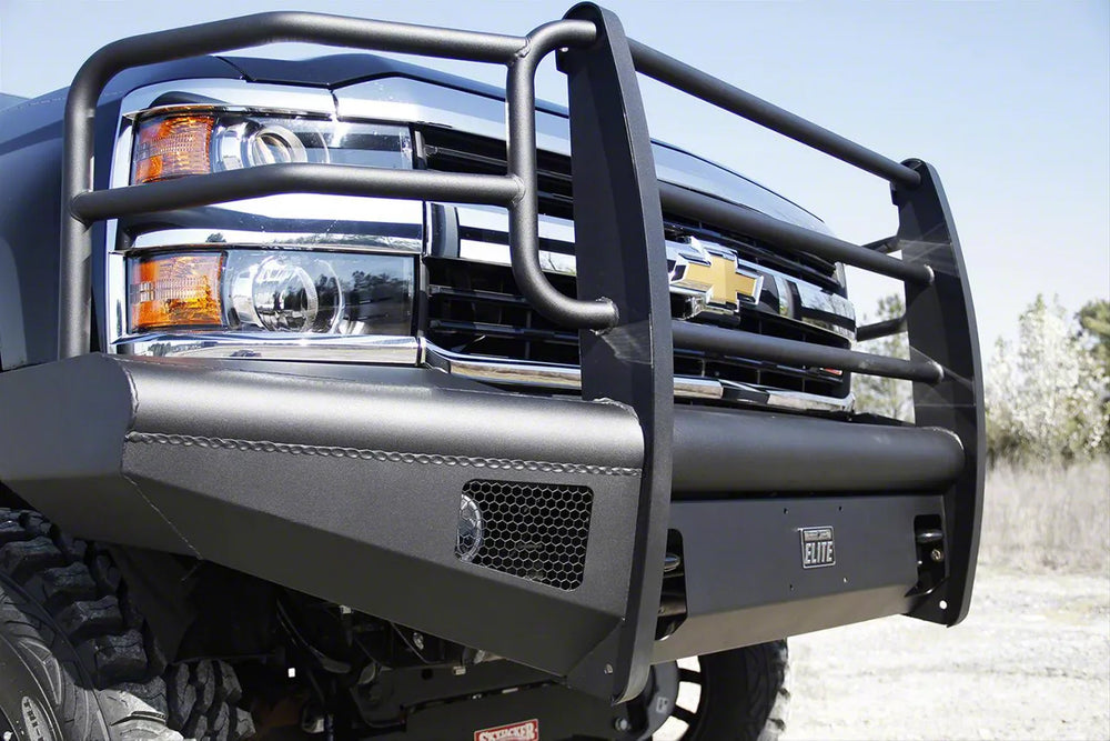 0710 SILVERADO 2500/3500 FRONT ELITE RANCH BUMPER W/ FULL GUARD W/ TOW HOOKS MATTE BLACK