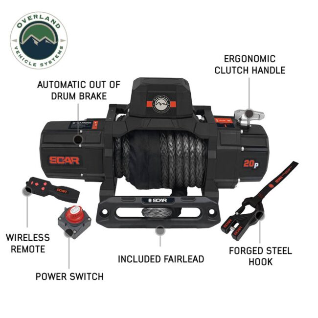 Overland Vehicle Systems SCAR 20P - 20 000 lb. Winch With Synthetic Rope Wireless Remote