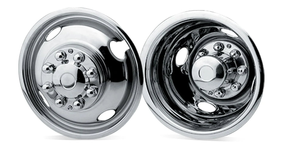 WHEEL SIMULATORS 19.5IN STAINLESS STEEL FORD 10LUG TOP LUG INSTALL 5HOLE DESIGN DUALLY SET