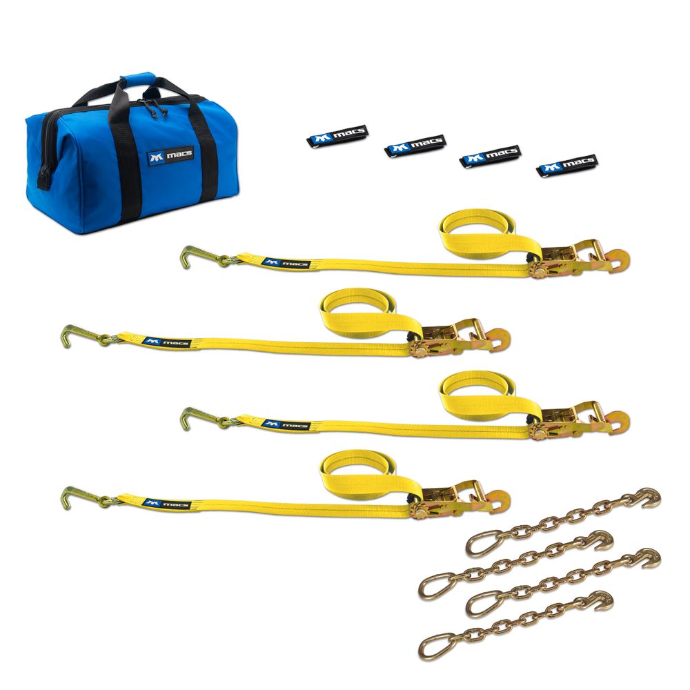 TOW PACK WITH CHAIN EXTENSIONS YELLOW WITH MINI J HOOK AND DIRECT HOOK RATCHET STRAPS