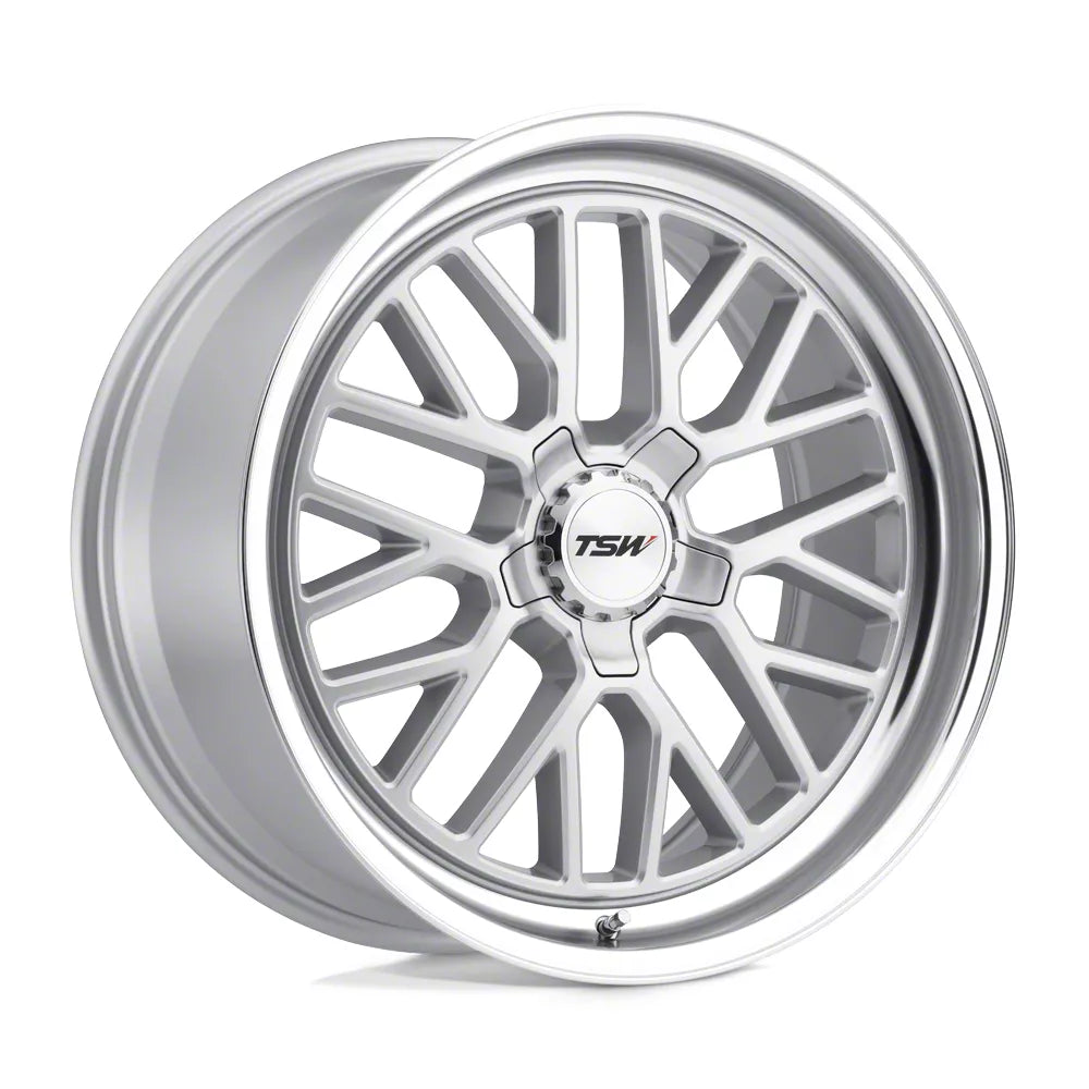 ~(45 lbs. 21X21X11)~ TSW HOCKENHEIM S 19x9.5 5/120 ET20 CB76.1 SILVER W/MIRROR CUT LIP (CHROME HEX NUT)