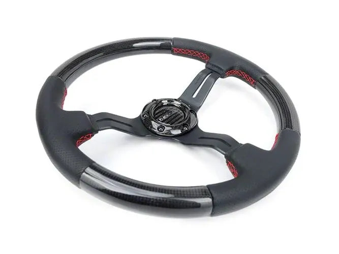 NRG Carbon Fiber Steering Wheel (350mm /1.5in. Deep) Leather Trim w/Red Stitch & Slit Cutout Spokes