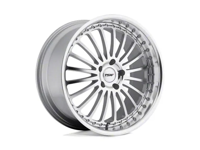 ~(31 lbs. 20X20X11)~ TSW SILVERSTONE 18x9.5 5/120 ET20 CB76.1 SILVER W/MIRROR CUT FACE AND LIP