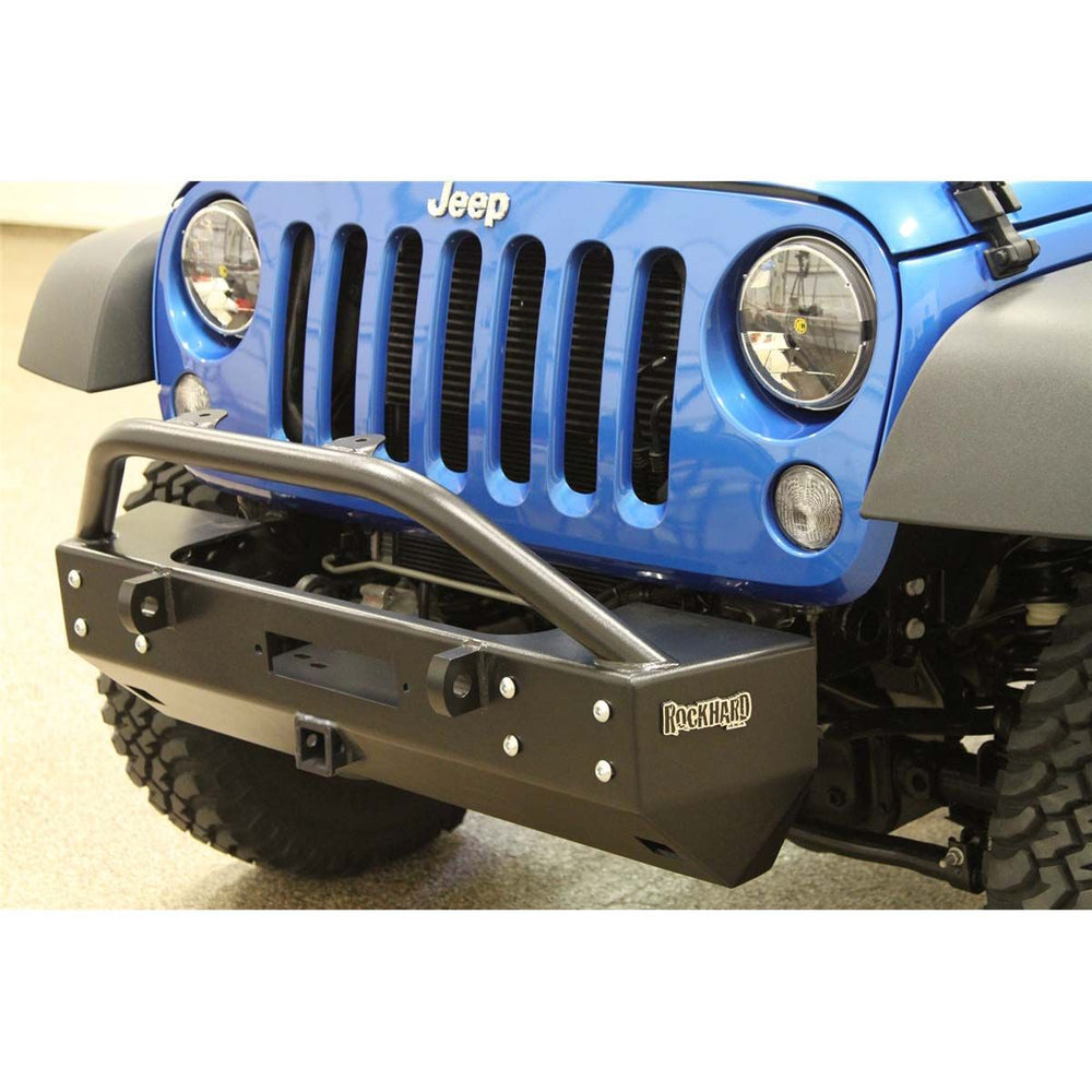 Rock Hard 4x4 Patriot Series Grille Width Stubby Front Bumper w Receiver w Lowered Winch Mount for Jeep Wrangler JK 2007 - 2018 [RH-5020]