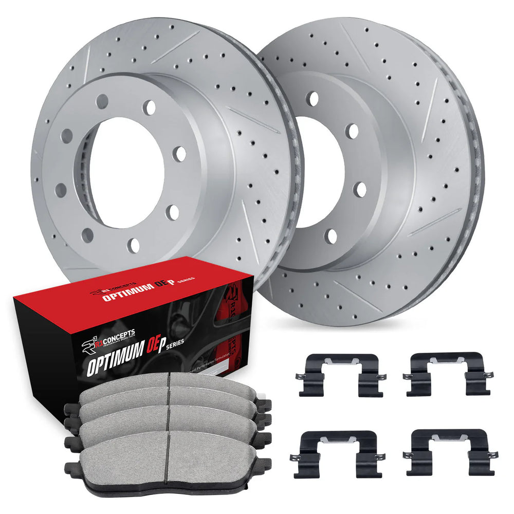 R1 11-22 Ford F-350 Super Duty Rear Drill/Slot Carbon Coated Rotor Set w/Optimum Pads