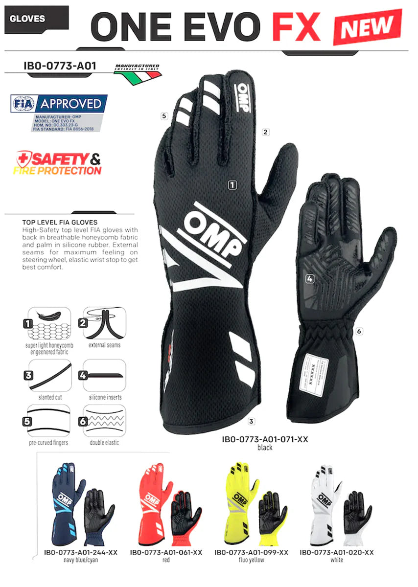 OMP ONE EVO FX GLOVES FIA 8856-2018 BLACK SIZE S