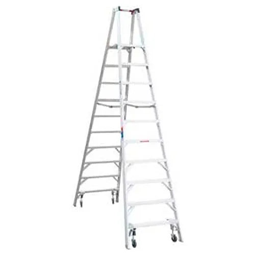 WERNER 10FT ALUMINUM TWIN PLATFORM LADDER WITH CASTERS TYPE IA 300# CAPACITY
