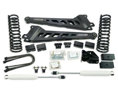 2019 -UP 3500 DODGE RAM 4in **PREMIUM** (4WDLEAF SPRING REAR) FRONT SHOCKS and REAR SHOCK EXTENDERS PLUS FABRICATED RADIUS ARMS (4 INCH AXLE)(BLACK POWDER)