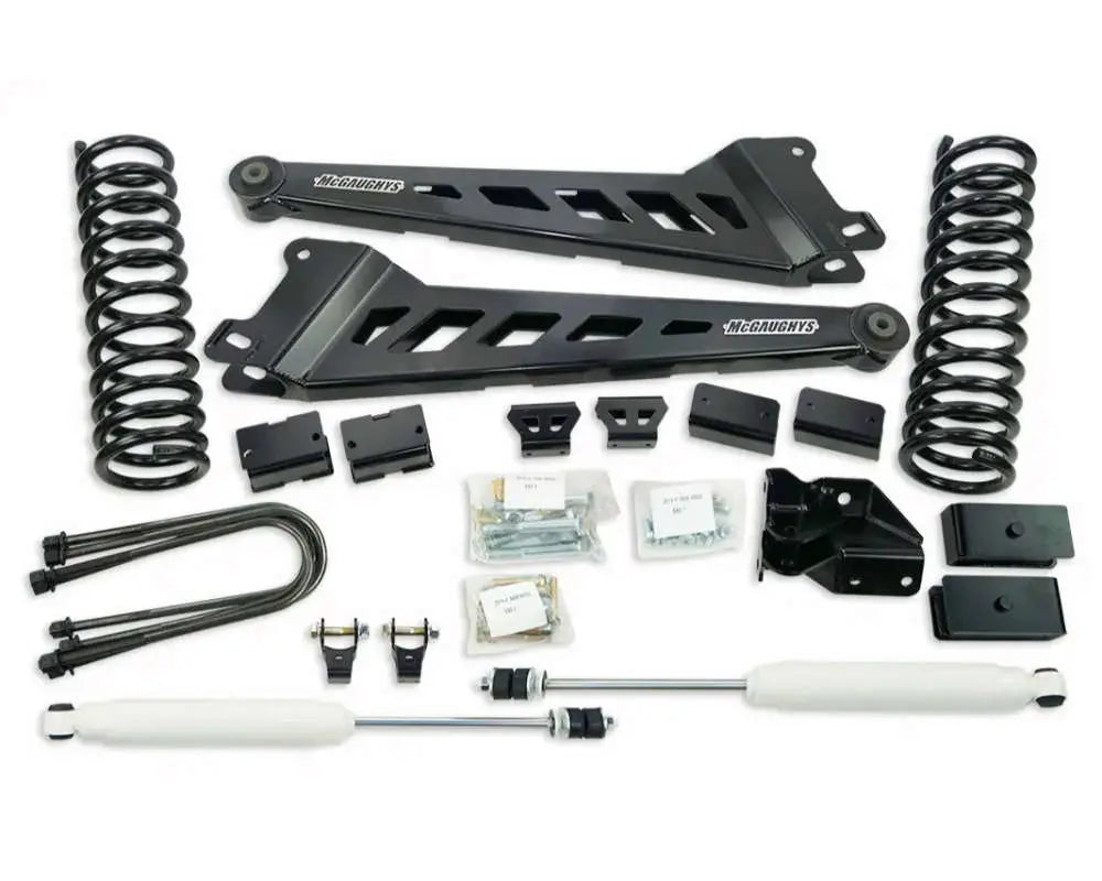 2019 -UP 3500 DODGE RAM 4in **PREMIUM** (4WDLEAF SPRING REAR) FRONT SHOCKS and REAR SHOCK EXTENDERS PLUS FABRICATED RADIUS ARMS (4 INCH AXLE)(BLACK POWDER)