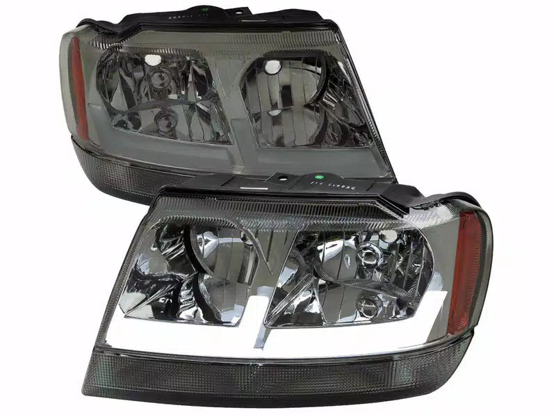 LED BAR HEADLIGHTS WITH CHROME HOUSING AND SMOKED LENS AMBER REFLECTOR - USES STOCK BULBS