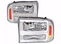 F350 1 PIECE HEADLIGHTS WITH LED BAR CHROME HOUSING AND CLEAR LENS AMBER REFLECTOR - USES STOCK BULBS