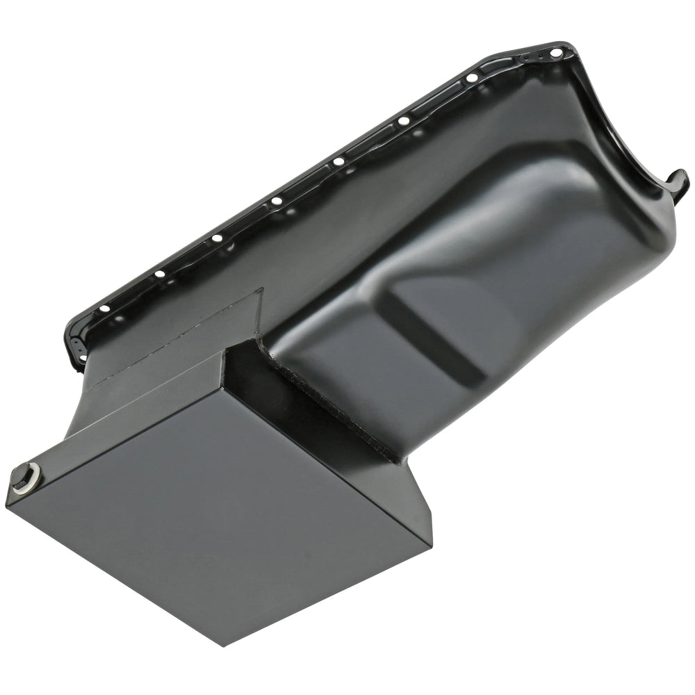 5579 CHEVY 283350 SB STEEL ENGINE OIL PAN W/ KICKOUTS STREET & STRIP STYLE 7QT BLACK