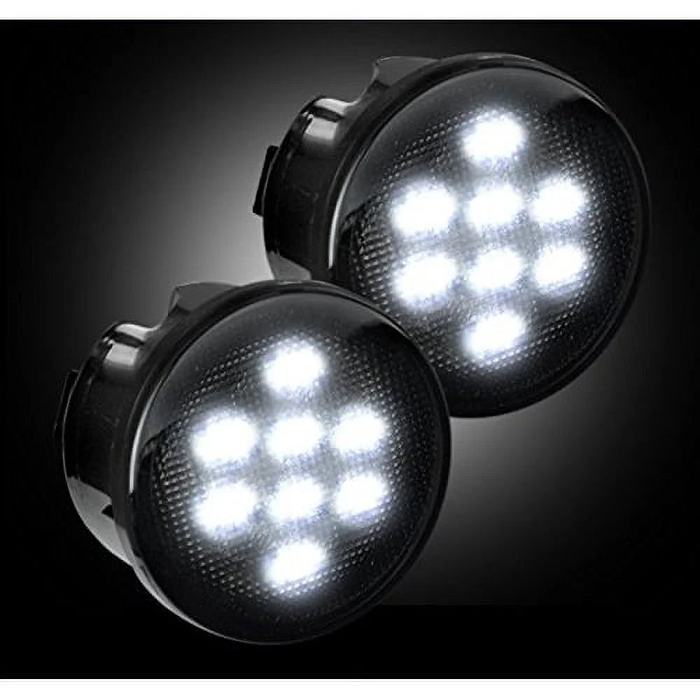 ~(1 lbs. 10X6X5)~ Jeep 07-18 JK Wrangler Round Front Turn Signal Lenses with White LEDs Located Under Front Headlights - Smoked Lens