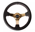 NRG Reinforced Steering Wheel (3in Deep / 4mm) 350mm Blk Leather w/Red BBall Stitch & Gold Spoke
